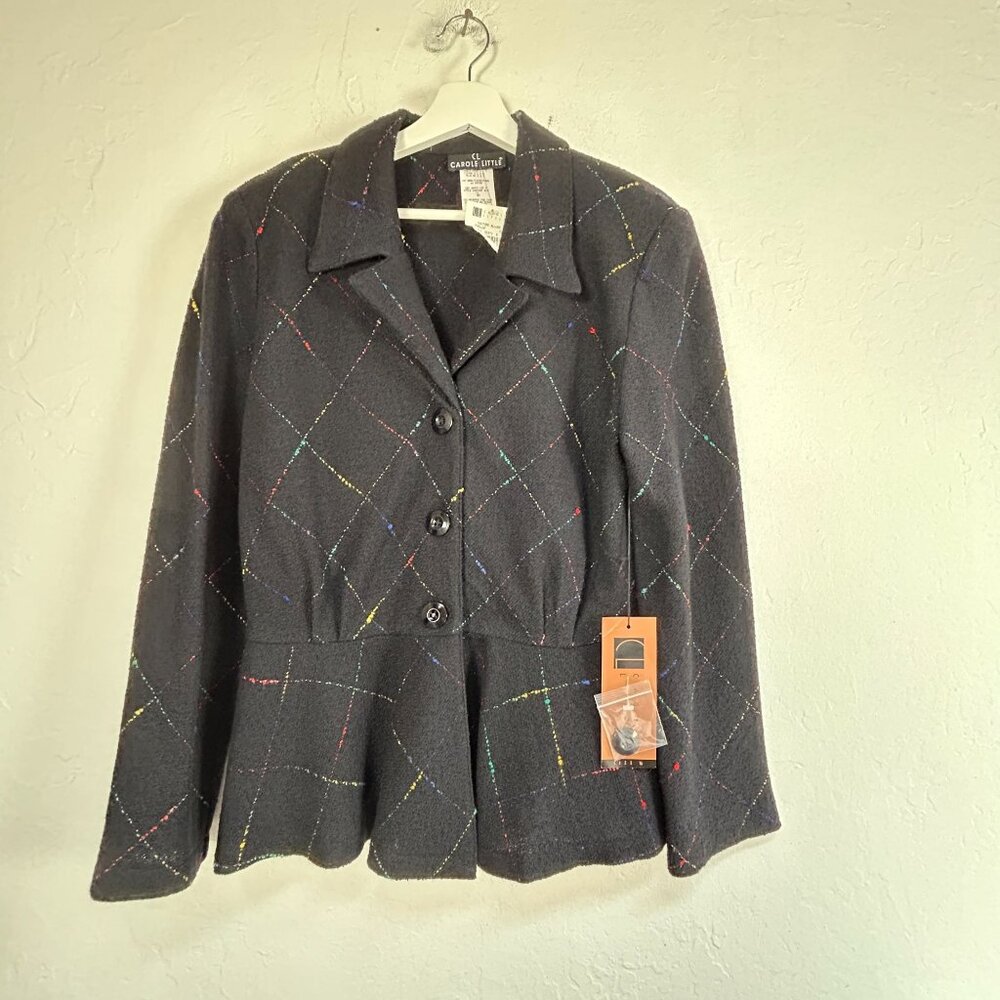Carole Little Couture Allure Womens Peplum Blazer Jacket 16 Black Wool Blend New